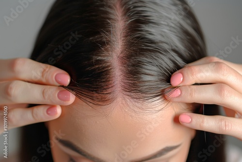 Close Up Young Womans Hands Parting Thinning Hair, Revealing Scalp and Potential Hair Loss photo