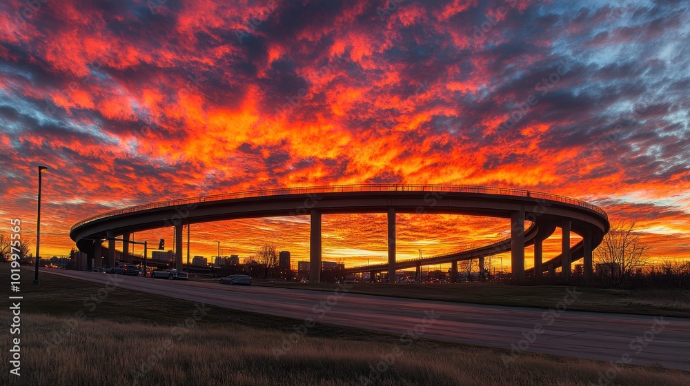 Obraz premium A fiery sunrise illuminates the sky behind a highway overpass.