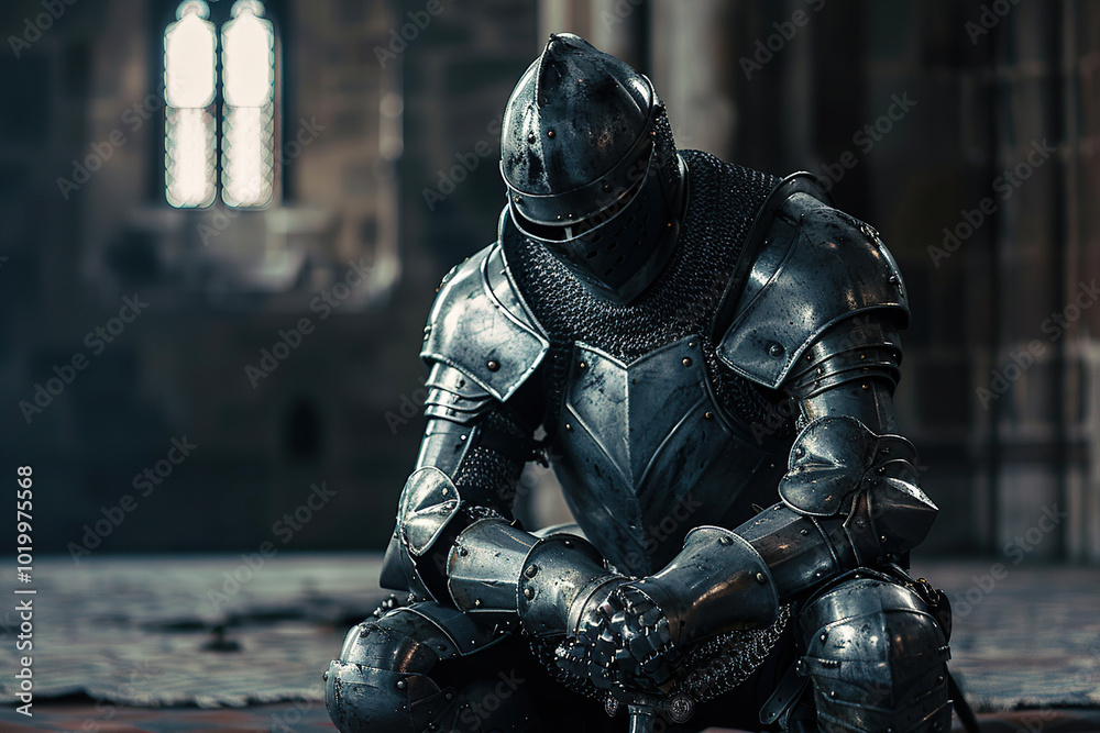 Fototapeta premium A fantastic royal knight in armor guards the castle chambers