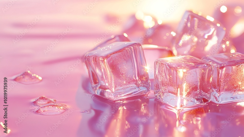 Shimmering translucent ice cubes on a pink background