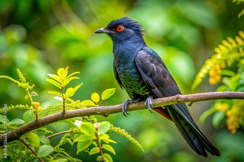 Striking Black Cuckoo Perched on a Branch in Natural Habitat Surrounded by Lush Green Foliage Striking Black Cuckoo Perched on a Branch in Natural Habitat Surrounded by Lush Green Foliage