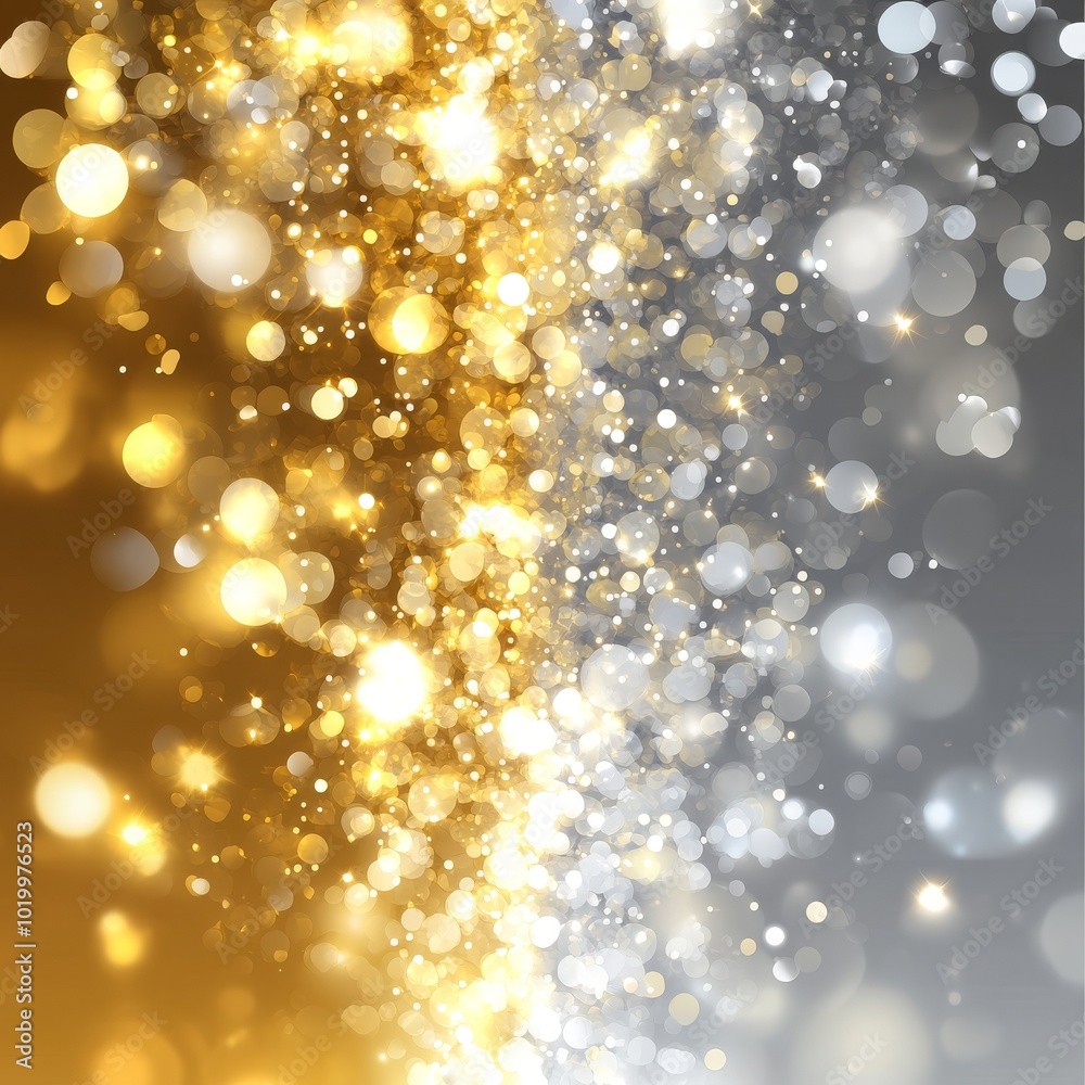 The background is glittery golden and silver with abstract bokeh effects The background is glittery golden and silver with abstract bokeh effects