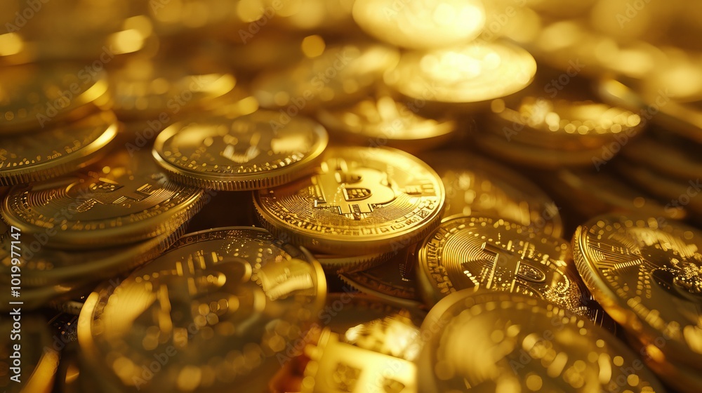 Golden bitcoin cryptocurrency coins for decentralized investment - digital 3D render Golden bitcoin cryptocurrency coins for decentralized investment - digital 3D render