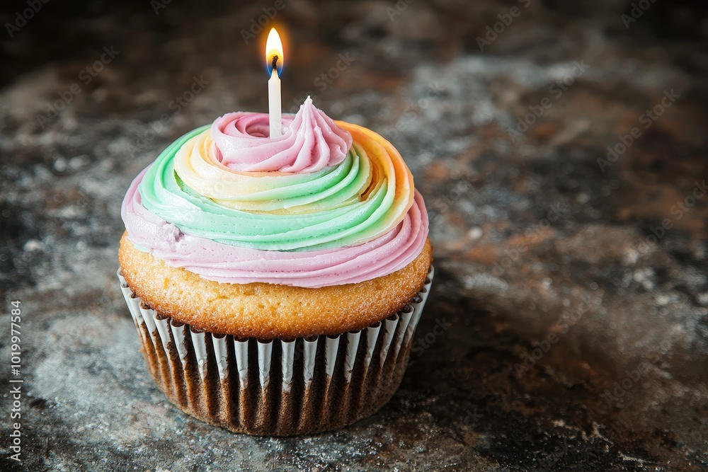 Colorful cupcake with frosting and a lit birthday candle. Colorful cupcake with frosting and a lit birthday candle.