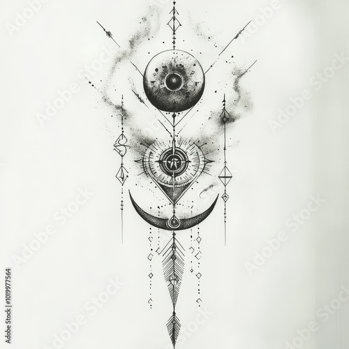 The hand drawn modern illustration incorporates sacred geometric moons, mystic revelation arrows, and mystic harmony to create an abstract magical tattoo
