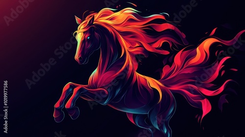 A vibrant abstract illustration of a horse with a fiery mane and tail. photo