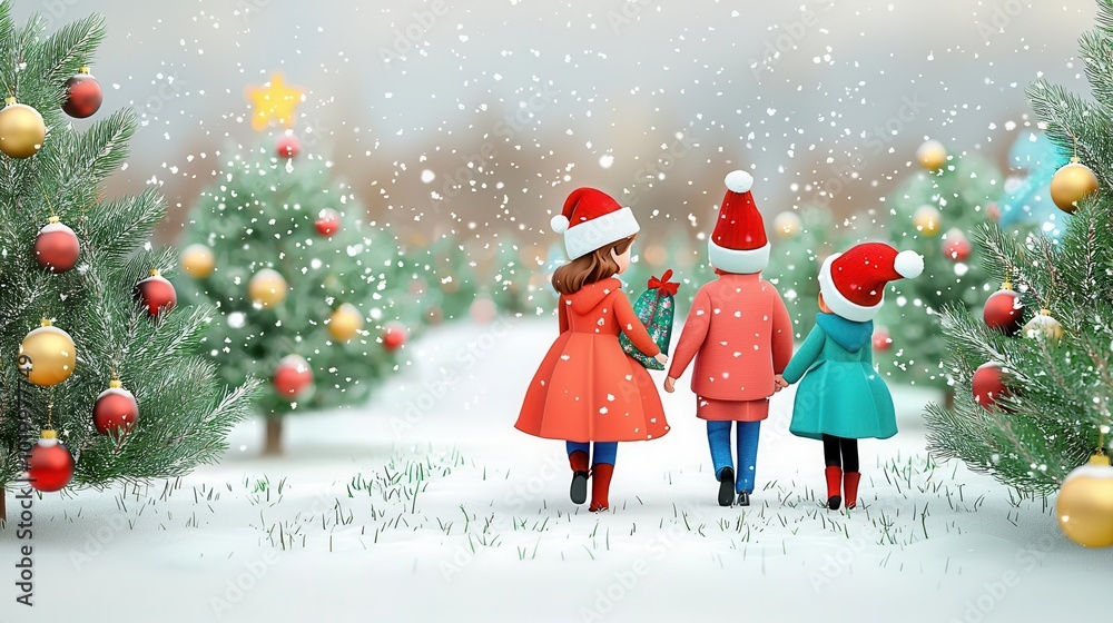 Carolers walking through a Christmas tree farm, snow lightly falling, 3D illustration Carolers walking through a Christmas tree farm, snow lightly falling, 3D illustration