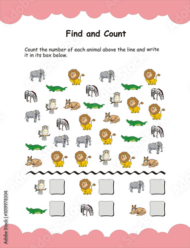 Find and count worksheet for kids of pre nursery and kindergarten. Count the number of each animal and write the answer in the box below. 
