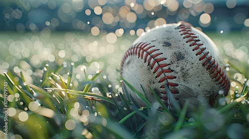 A Baseball Resting in a Field of Grass with Bokeh photo