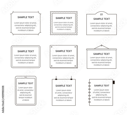 Set of line frame illustrations in minimalist style. Picture frames, panels, signs, stamps, notes.