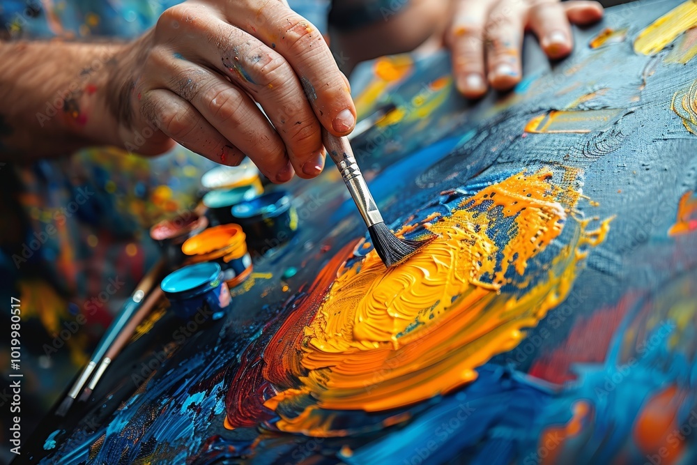 Fototapeta premium Hands creating a vibrant landscape on canvas, capturing depth and color in a creative space