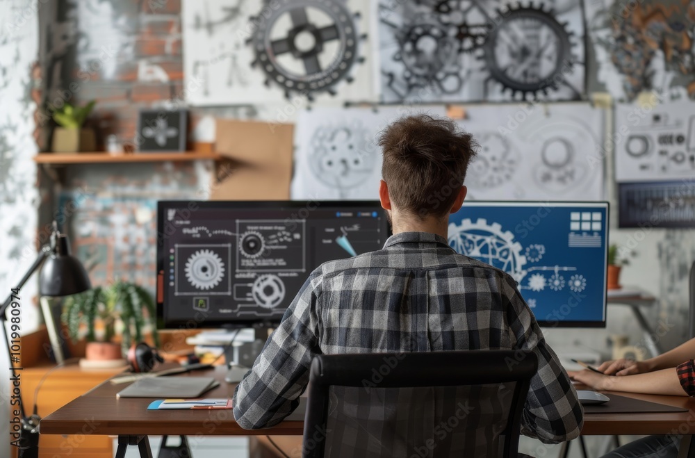 A man and woman sitting at an office desk, working on computer screens displaying design software with sketches of gears in the background. The male is focused on drawing designs while using digital t A man and woman sitting at an office desk, working on computer screens displaying design software with sketches of gears in the background. The male is focused on drawing designs while using digital t