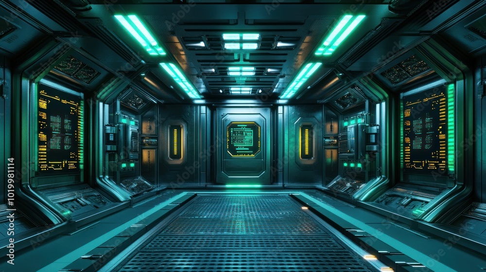 Fototapeta premium 3D space station interior with futuristic design, glowing control panels, and high-tech equipment, perfect for sci-fi settings.