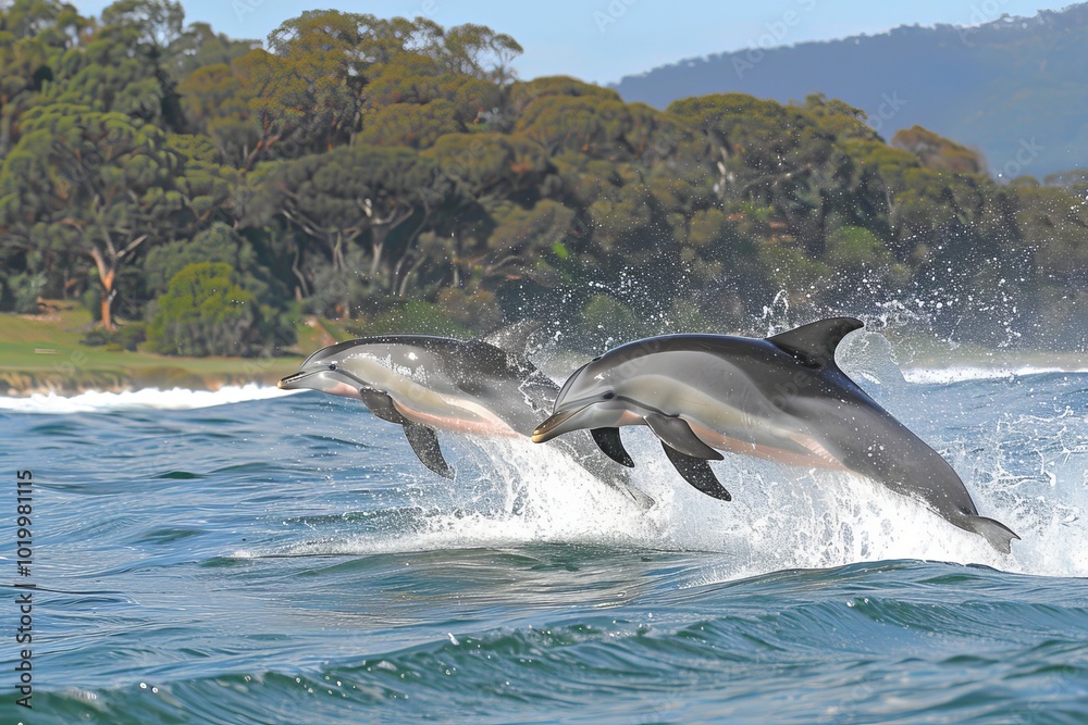 Fototapeta premium A playful pod of dolphins gracefully leaping from the ocean waves in a joyful display