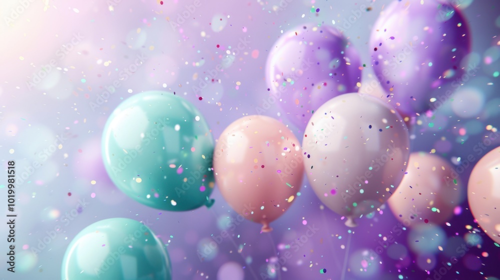 Green ribbon with confetti, lavender background, soft color balloons, soothing and celebratory composition.