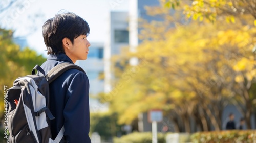 学校の校内に立つ日本人の男子学生