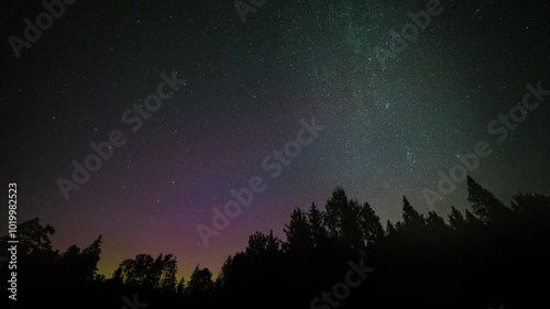 Northern lights and starry sky, night time lapse. Night landscape with forest and sky.