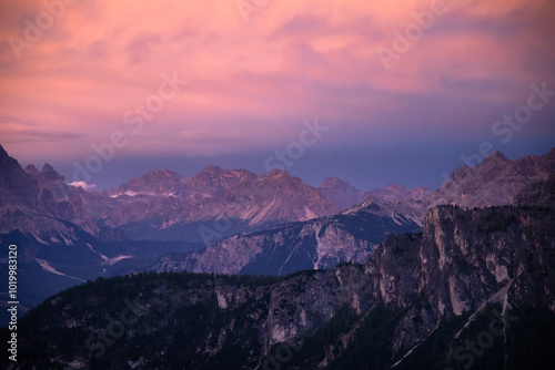 Colorful sunset in the Dolomite mountains at Passo Giau.