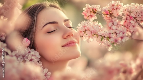 A young woman with her eyes closed, inhaling the sweet scent of a blossoming cherry tree in a spring garden.