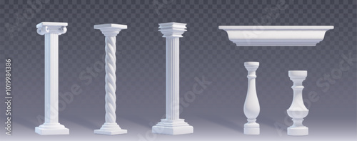 White marble pillars set isolated on transparent background. Vector realistic illustration of antique building balustrade or facade elements, ancient roman or greek temple or luxury palace decoration