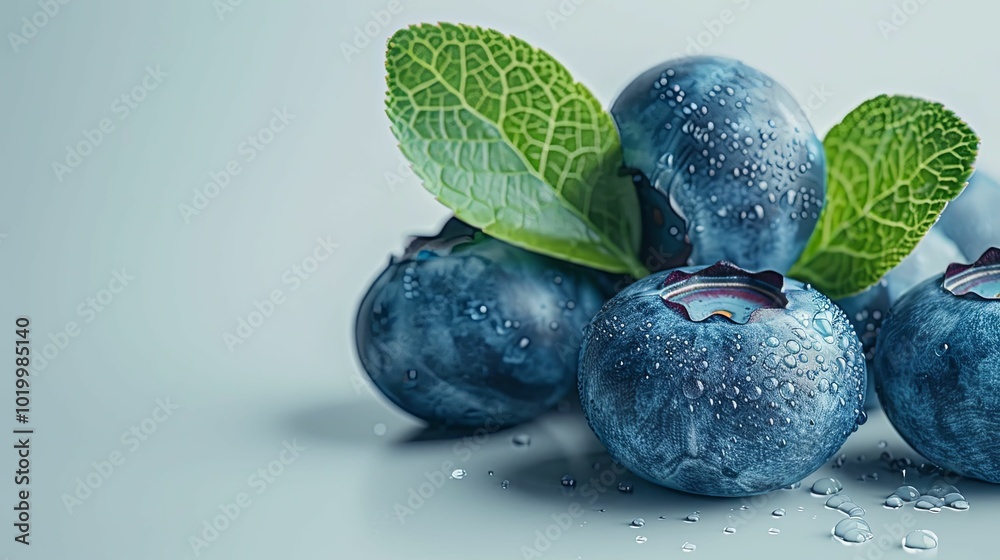 Close-up of Fresh Blueberries with Dew Drops and Green Leaf Close-up of Fresh Blueberries with Dew Drops and Green Leaf