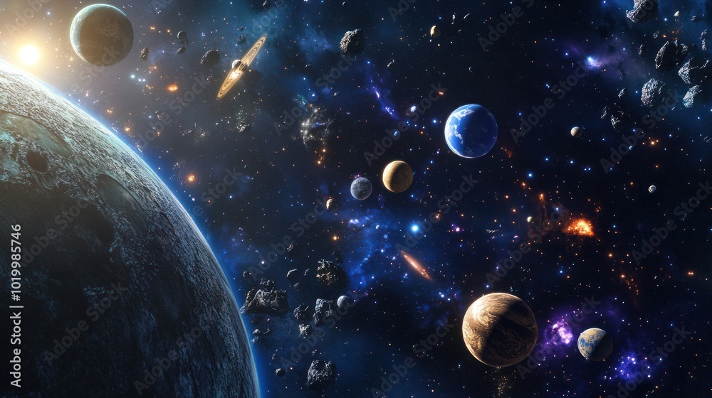 Virtual space background featuring intricate 3D planetary systems and cosmic elements, with vivid lighting. Virtual space background featuring intricate 3D planetary systems and cosmic elements, with vivid lighting.