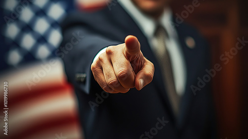 Close-up of a man in a suit pointing his finger at the camera, with an American flag in the background