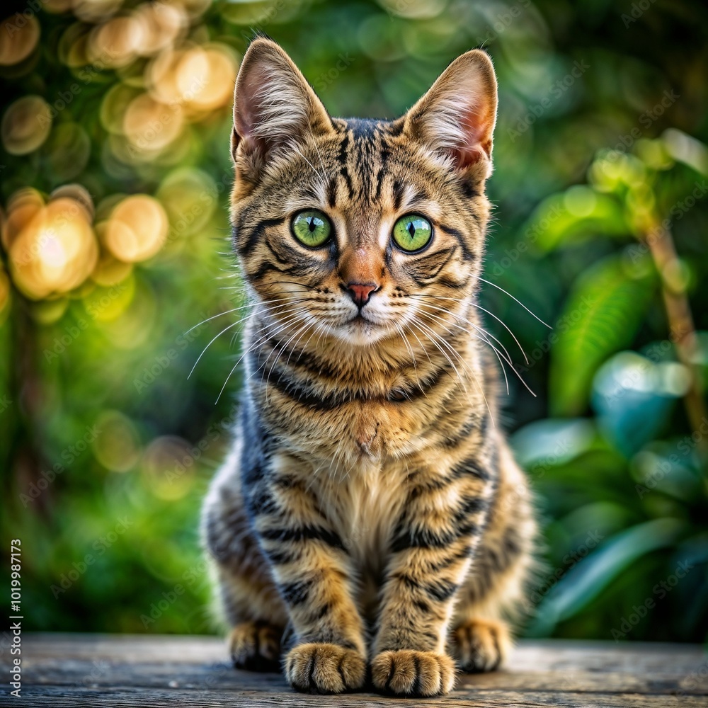 Adorable tabby kitten with striking green eyes sitting outdoors surrounded by greenery Adorable tabby kitten with striking green eyes sitting outdoors surrounded by greenery