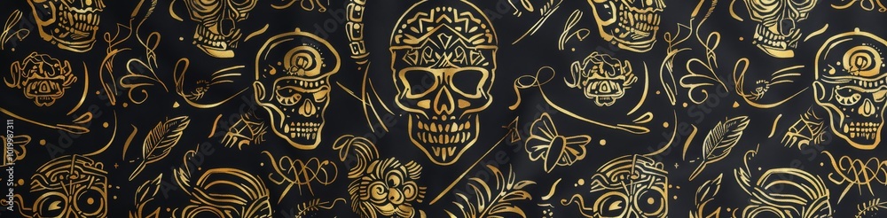 A seamless pattern with gold foil line art, their heads adorned in whimsical doodles and symbols of adventure. The design incorporates dark gray and light brown, using the technique of linocut print o A seamless pattern with gold foil line art, their heads adorned in whimsical doodles and symbols of adventure. The design incorporates dark gray and light brown, using the technique of linocut print o