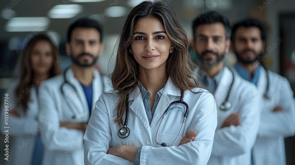 Confident Female Doctor Leading a Team of Medical Professionals Confident Female Doctor Leading a Team of Medical Professionals