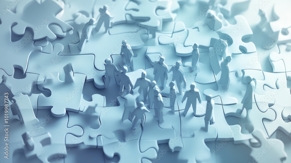 3D illustration of a team of paper businessmen working together to complete a puzzle, illustrating strategic collaboration. 3D illustration of a team of paper businessmen working together to complete a puzzle, illustrating strategic collaboration.