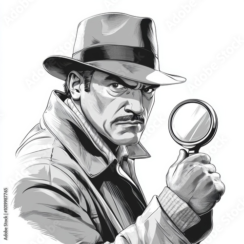 Detective with Magnifying Glass   Illustration  Black and White  Sketch  Criminal Investig photo