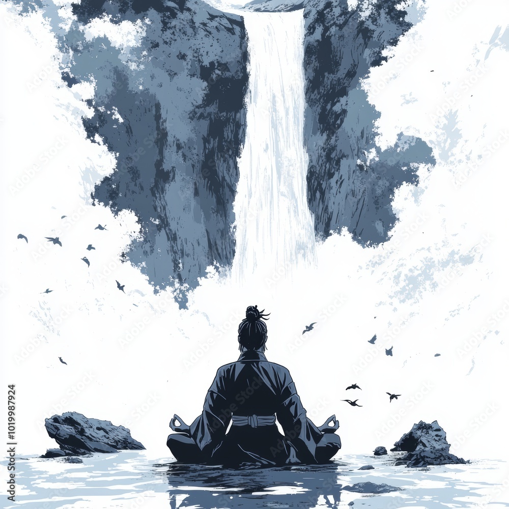 Man Meditating in Front of Waterfall Man Meditating in Front of Waterfall