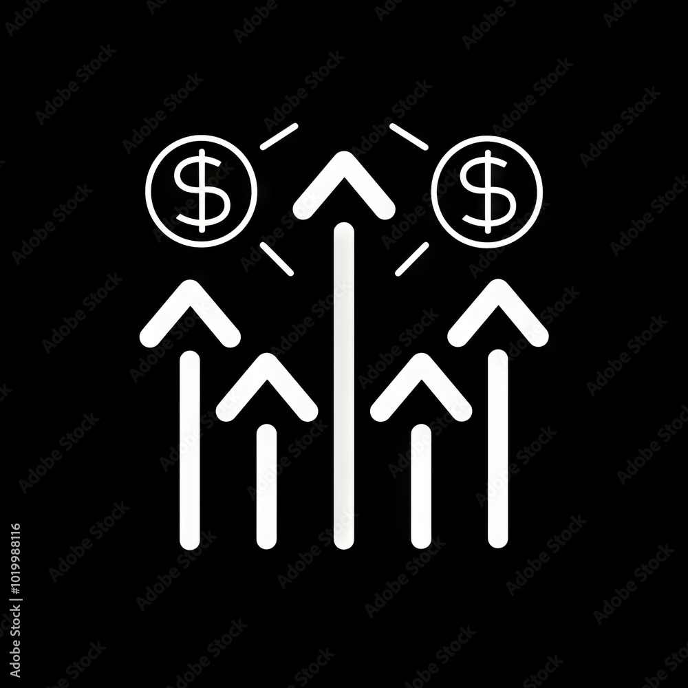 A simple line drawing of an icon featuring the symbol for growth, depicted as three upward arrows with dollar signs at their ends and one bar graph that is growing upwards in white on a black backgrou A simple line drawing of an icon featuring the symbol for growth, depicted as three upward arrows with dollar signs at their ends and one bar graph that is growing upwards in white on a black backgrou