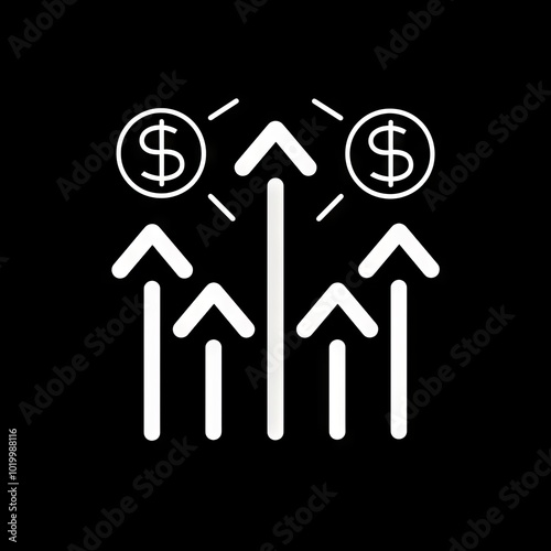 A simple line drawing of an icon featuring the symbol for growth, depicted as three upward arrows with dollar signs at their ends and one bar graph that is growing upwards in white on a black backgrou