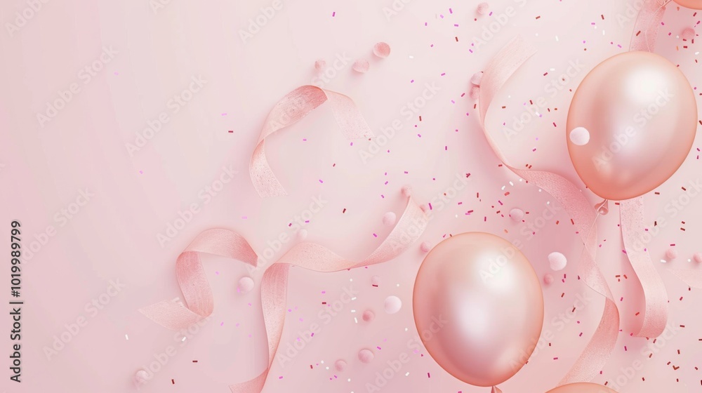 Peach ribbon with confetti, light pink background, soft color balloons, warm and festive composition. Peach ribbon with confetti, light pink background, soft color balloons, warm and festive composition.