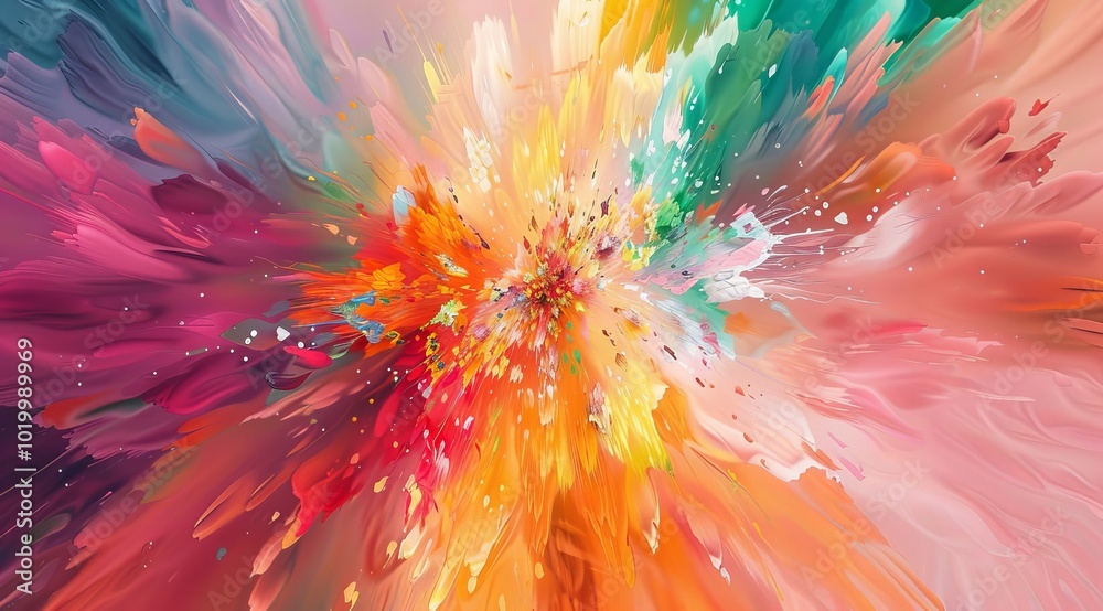 A vibrant abstract painting of an explosion, with colorful petals bursting in the center and blending into a soft gradient background. The colors should range from bright pinks to deep oranges and gre A vibrant abstract painting of an explosion, with colorful petals bursting in the center and blending into a soft gradient background. The colors should range from bright pinks to deep oranges and gre