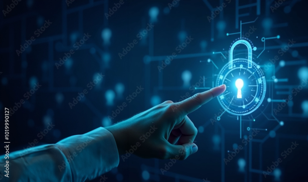A futuristic finger interacts with a holographic security lock, surrounded by glowing digital nodes in a high-tech environment.Generated image A futuristic finger interacts with a holographic security lock, surrounded by glowing digital nodes in a high-tech environment.Generated image