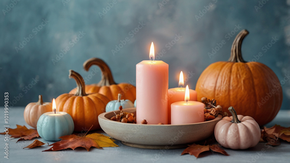 The banner. Pastel pink and blue pumpkin color, light blue and pink candles and autumn leaves on a light background. Interior details for Halloween. The banner. Pastel pink and blue pumpkin color, light blue and pink candles and autumn leaves on a light background. Interior details for Halloween.
