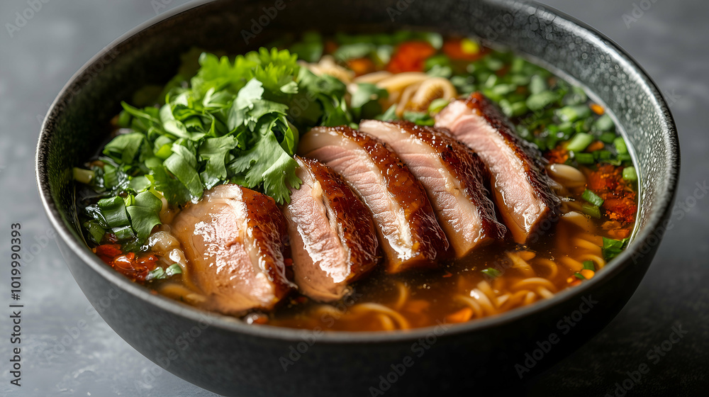 Duck Noodle Soup with Fresh Herbs in Rich Broth - A hearty bowl of duck noodle soup featuring tender slices of roasted duck, served with fresh herbs and greens in a flavorful, rich broth. Duck Noodle Soup with Fresh Herbs in Rich Broth - A hearty bowl of duck noodle soup featuring tender slices of roasted duck, served with fresh herbs and greens in a flavorful, rich broth.