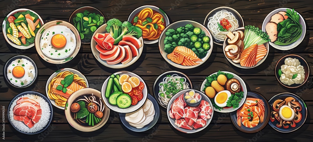 A vibrant display of various plates filled with delicious, healthy food items like fresh vegetables and fruits, mushrooms, chicken fillet, steamed rice, pasta noodles, fish fillets, eggs, meat slices,