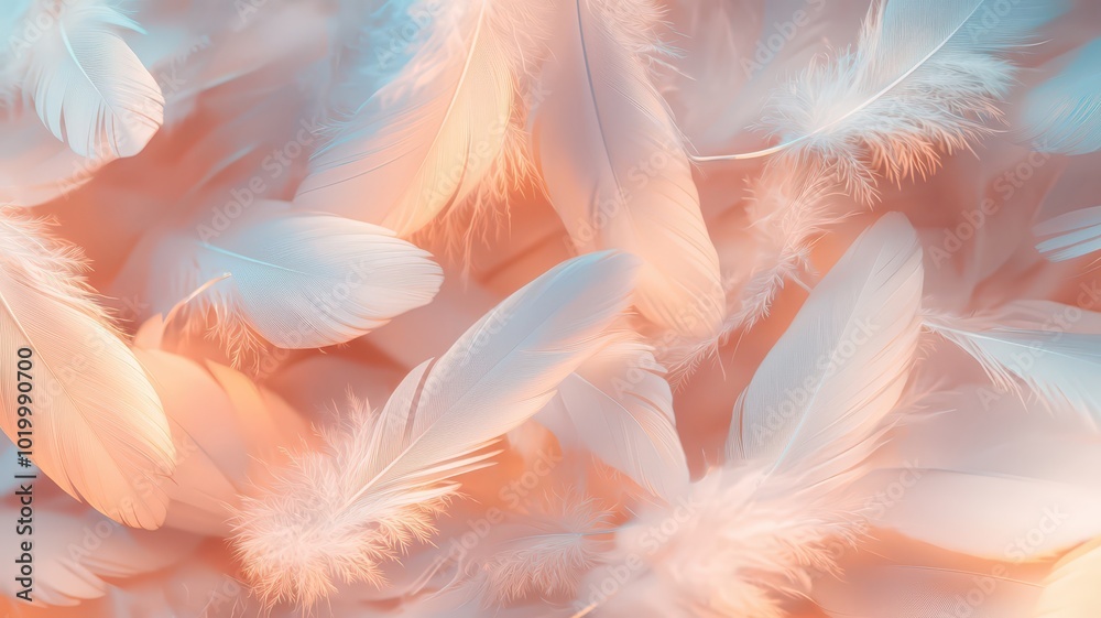 Fluffy feathers float gracefully mid-air, illuminated by soft golden light that enhances their ethereal quality. Fluffy feathers float gracefully mid-air, illuminated by soft golden light that enhances their ethereal quality.