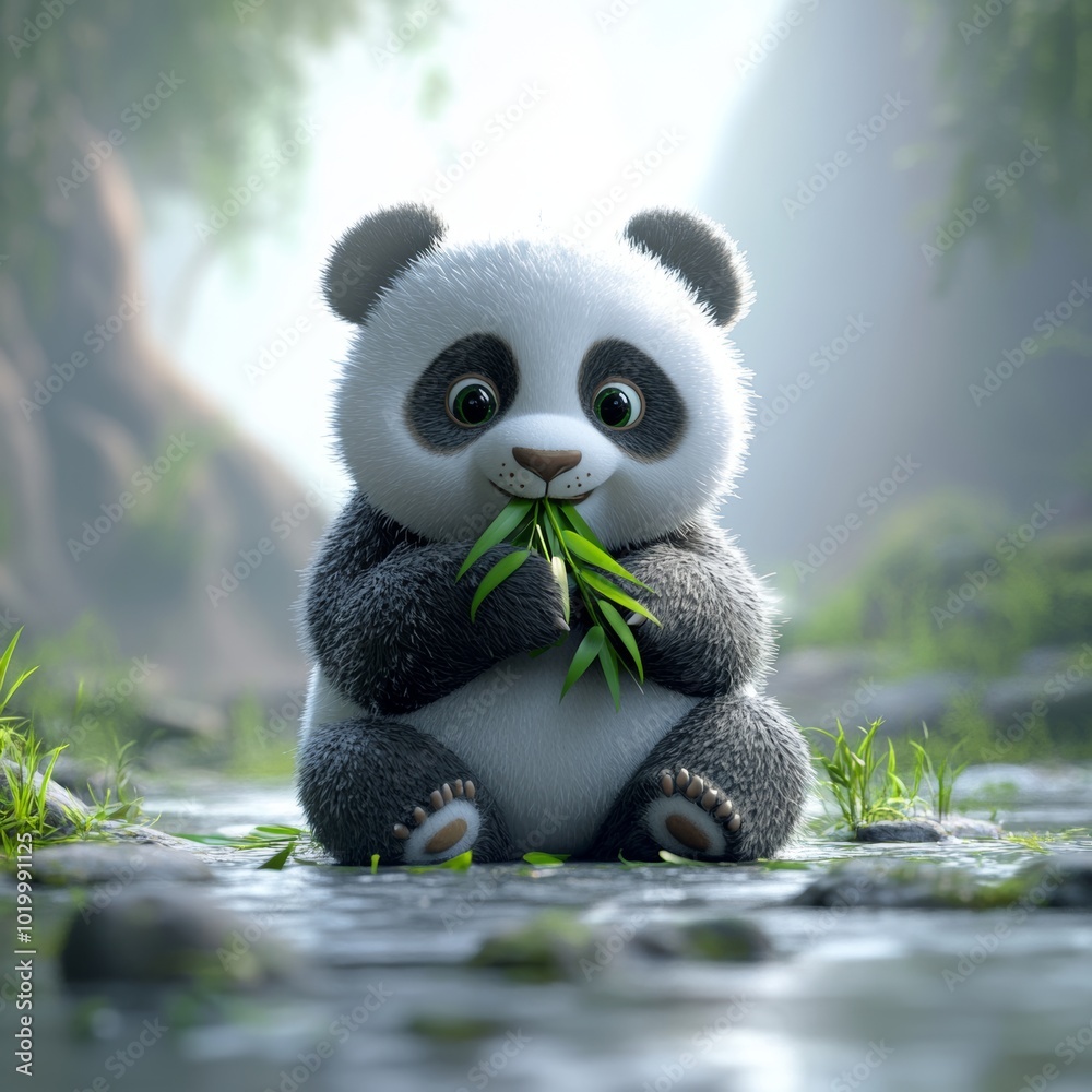 Cute Panda Bear Cub Eating Bamboo in Forest Stream Cute Panda Bear Cub Eating Bamboo in Forest Stream