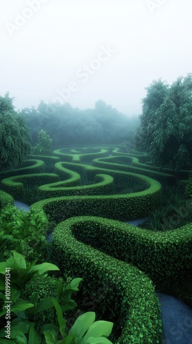 An overgrown hedge maze stretches through a foggy landscape, creating a mysterious and eerie atmosphere.