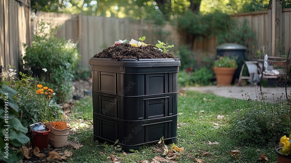 Compost bin filled with soil and plants in a garden setting. Compost bin filled with soil and plants in a garden setting.