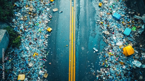 Aerial view of a polluted road filled with scattered plastic bottles and containers, divided by yellow lines, perfect for environmental awareness, pollution campaigns, and waste management topics, photo