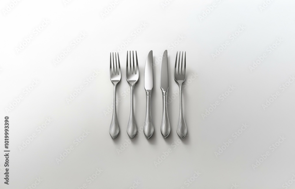 Two forks and a knife arranged in a row on a white surface. Two forks and a knife arranged in a row on a white surface.