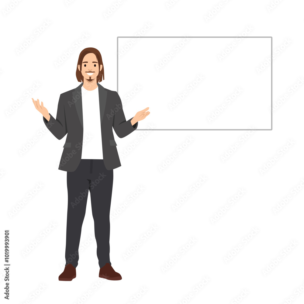Young man teacher lecturer standing explaining with white mockup copy space. Flat vector illustration isolated on white background Young man teacher lecturer standing explaining with white mockup copy space. Flat vector illustration isolated on white background