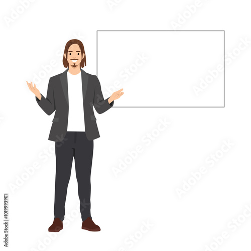 Young man teacher lecturer standing explaining with white mockup copy space. Flat vector illustration isolated on white background