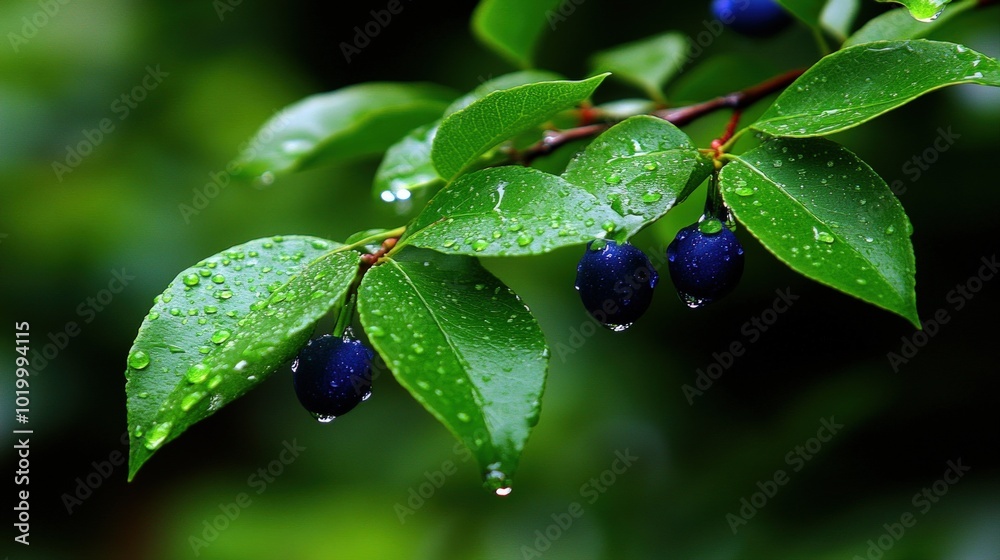Closeup of a branch with green leaves and dark blue berries covered in rain drops. Closeup of a branch with green leaves and dark blue berries covered in rain drops.
